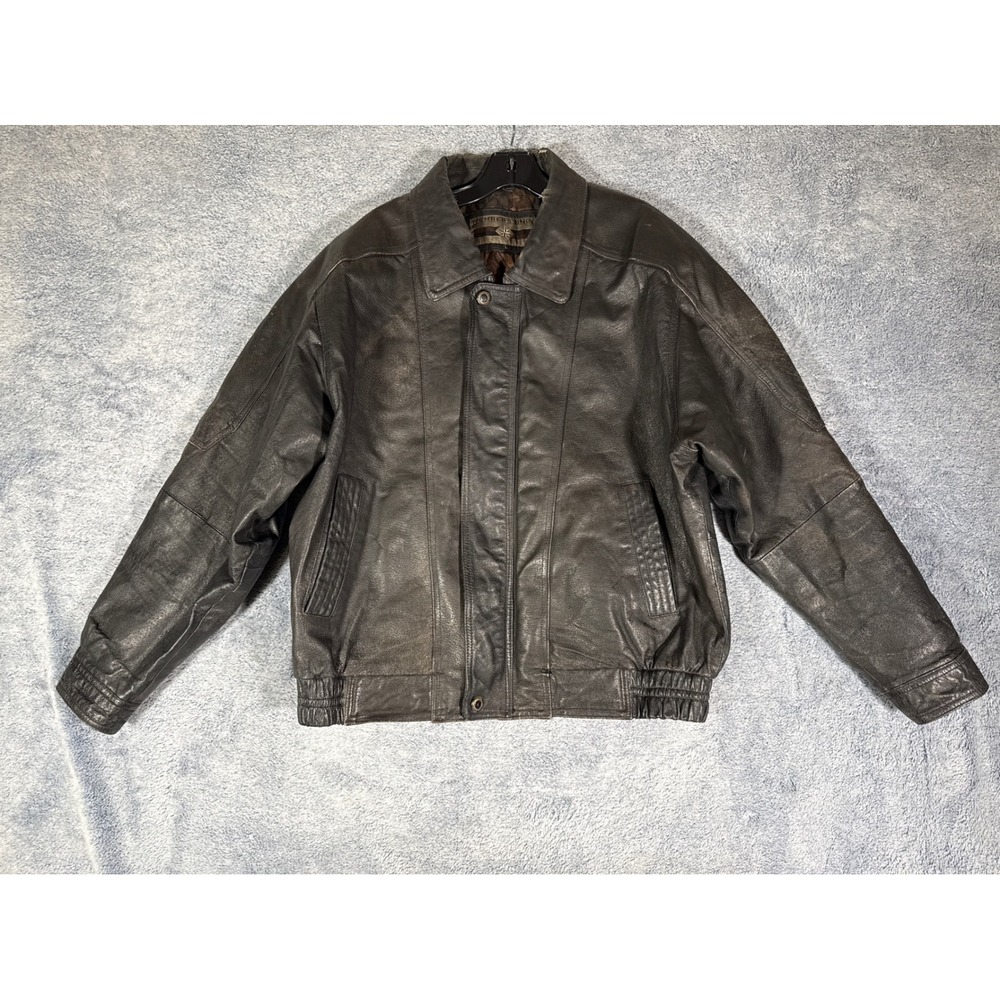 Members Only Vintage Black Leather Bomber Jacket Mens Large Distressed Full Zip